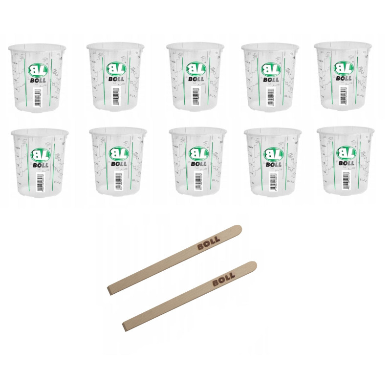 Pojemnik z podziałką do mieszania farb 650ml Boll 10 sztuk + 2 mieszadła Pojemnik z podziałką do mieszania farb 650ml Boll 10 sztuk + 2 mieszadła