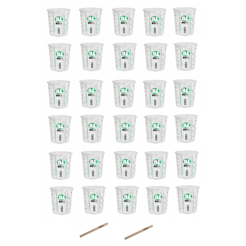 Pojemnik z podziałką do mieszania farb 650ml Boll 30 sztuk + 2 mieszadła Pojemnik z podziałką do mieszania farb 650ml Boll 30 sztuk + 2 mieszadła
