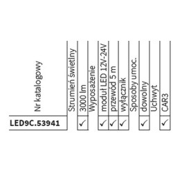 Lampa robocza halogen LED 3000lm skupione kąt rozsyłu 6 uchwyt CAR3 LED9C.53941