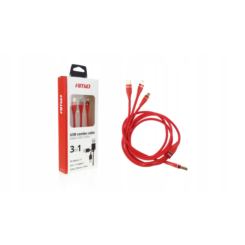 Zestaw kabli USB 3w1 USB typ C / microUSB / Lighting AMIO