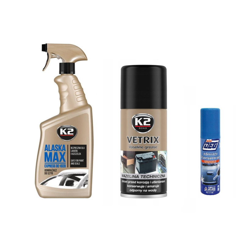Odmrażacz do szyb z atomizerem K2 Alaska Max 700ml + wazelina uszczelki + odmrazacz do zamków