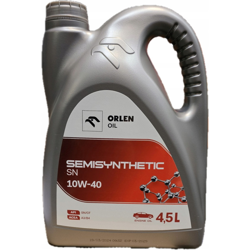 Olej polsyntetyczny Orlen Semisynthetic SN 10W40 4,5l ACEA A3/B4 SN/CF Olej polsyntetyczny Orlen Semisynthetic SN 10W40 4,5l ACEA A3/B4 SN/CF