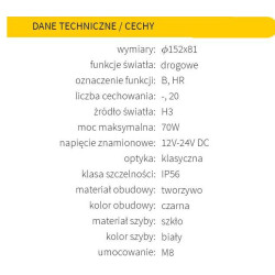 Reflektor halogen dalekosięzny fi152 przewód drogowy