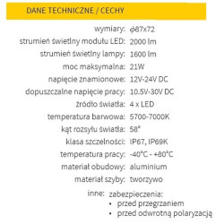Lampa robocza halogen LED 2000LM kabina obrotowa rozproszone wiązka CRC5H.53370